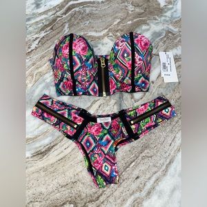 RARE Beach Bunny rose balconette top bikini m top XL zipper bottom frstival